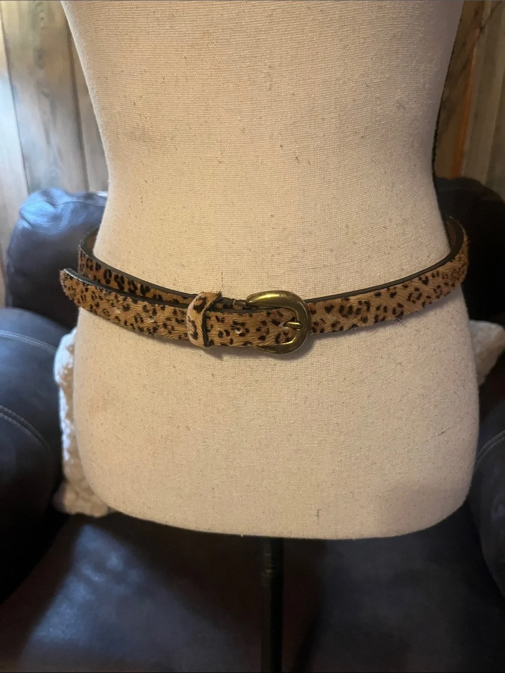 Leopard Print Calf-Hair Leather Skinny Belt with Brass Buckle